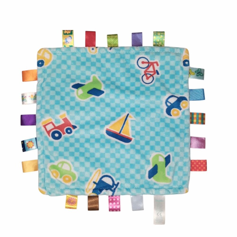 Taggies Ribbon Tags Plane Train Boat Car Bike Security Lovey Blanket 11" X 11"
